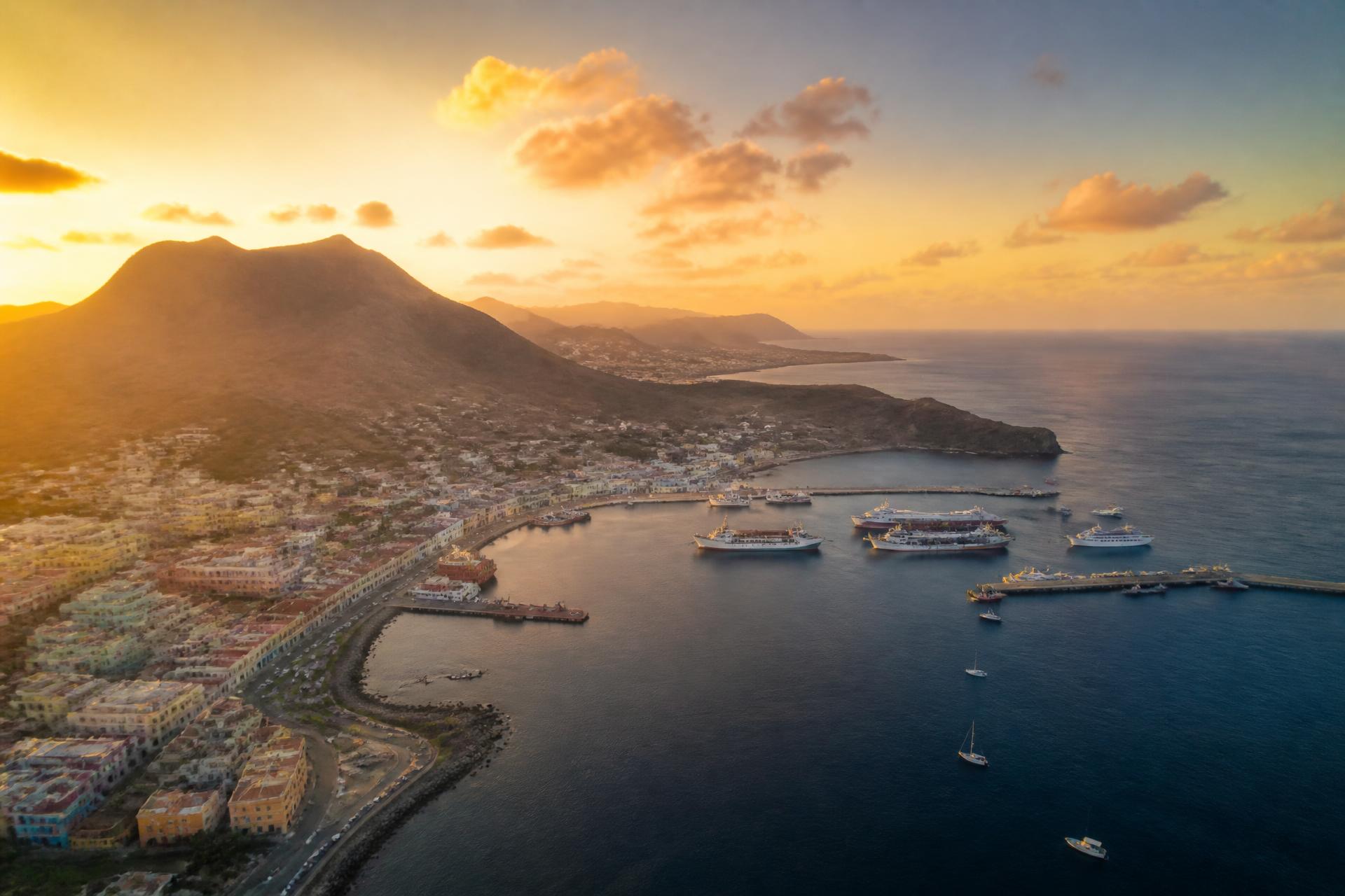 Panoramic drone view of Mindelo Bay, Porto Grande and Monte Cara on São Vicente, Cabo Verde